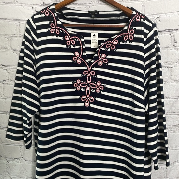 Talbots Woman’s Navy Striped Embellished V-Neck Long Sleeve Dress Size 2X New - Picture 3 of 16